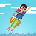 Boy flying in the sky clouds on a rocket jetpack Royalty Free Stock Photo