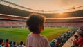 Boy football supporter see the football match from stadium stands. Generative AI