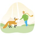 Boy friends with fox as a concept of friendship, pet domestication, flat vector stock illustration with modern little prince and