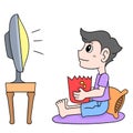 Boy is in front of the tv watching movies by eating snacks, doodle icon image kawaii