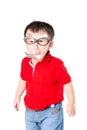 Boy with funny mask pointing Royalty Free Stock Photo