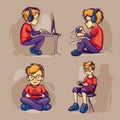 boy game. cute geeky character playing video games on console and PC sitting on chair and sofa holding gamepad. Vector