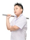 Boy gangster student holding steel ruler isolated