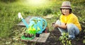 Boy in the garden admires the plant before planting. Green Sprout in Children Hands