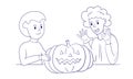 The boy gave a pumpkin to the girl. Halloween illustration. Modern style Royalty Free Stock Photo