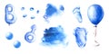 It is a boy gender watercolour illustration set, balloons, letter, footprint, Mars, blue splashes