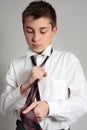 Boy getting dressed for school Royalty Free Stock Photo
