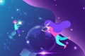 A boy and girl adventure in galaxy with VR headset video game, virtual reality space astronomy concept vector illustration Royalty Free Stock Photo
