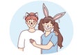 Boy and girl with animal ears and painted mustaches on faces for school masquerade. Vector image