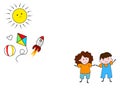 Boy and girl with arms up in happiness with a sun that surrounds them and toys, celebrating children`s day