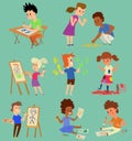 Boy and girl artist vector creative play games kids children. Education artist kids painting around blank canvas with