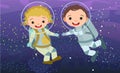 Boy and girl astronauts in spacesuits. Kids. Cosmos background. Childrens illustration. Starry sky landscape. Flat style