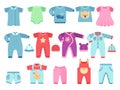 Boy and girl baby garments. Infant vector clothes