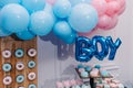 It is a boy or girl. Baby Shower party decor. Delicious reception. Celebration concept. Trendy candy bar. Table with sweets, Royalty Free Stock Photo