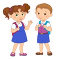 Boy and girl with backpacks pupil stay cartoon school