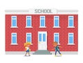 Boy and Girl with Backpacks Running into School