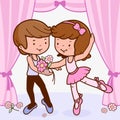 Boy and girl ballet dancers dancing on the stage. Vector illustration Royalty Free Stock Photo