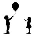 Boy and girl with balloon, silhouette illustration