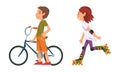 Boy and Girl with Bike and Riding Roller Skates Vector Set Royalty Free Stock Photo