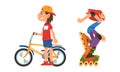 Boy and Girl with Bike and Riding Roller Skates Vector Set Royalty Free Stock Photo