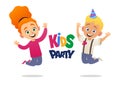 Boy and girl with birthday hats happily jumping with their hands up kids party Royalty Free Stock Photo