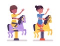 Boy, girl black child 7, 9 school age kid, horse spring rider Royalty Free Stock Photo