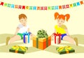 Boy and a girl , brother and sister,happy childrens day,presents, gift boxes