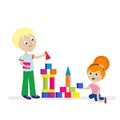 Boy and girl build a high tower of colorful cubes. Playing children. Flat character isolated on white background. Vector Royalty Free Stock Photo