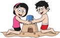 Boy And Girl Build Sand Castle Color Illustration