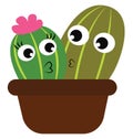 Boy and girl cactus plants in a brown flower pot vector or color illustration