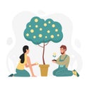 Boy and girl caring about pot money tree Royalty Free Stock Photo