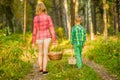 Boy and girl carry a baskets with mushrooms. Back view