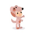 Boy or girl character in adorable brown puppy costume. Cartoon child in funny animal suit. Isolated flat vector for book