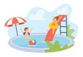 Boy and Girl Characters in Swimwear Playing in Swimming Pool. Kids Having Fun on Summer Vacation. Children on Rings Royalty Free Stock Photo
