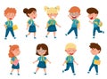 Boy and Girl Characters Wearing School Uniform and Backpack Walking and Running to School Vector Illustration Set