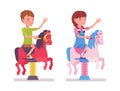 Boy, girl child 7, 9 yo school age kid, horse spring rider Royalty Free Stock Photo