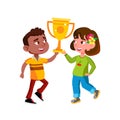 Boy And Girl Children Holding Award Cup Vector