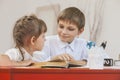 Boy, girl children in the school has a happy, curious Royalty Free Stock Photo