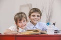 Boy, girl children in the school has a happy, curious, smart Royalty Free Stock Photo