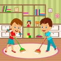 Boy and girl are cleaning room