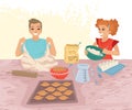 Boy and girl cook pastries, cooking with children, knead the dough, flour and pies on the table. Hobbies of children