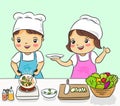 Boy and girl cooking healthy food vector illustration