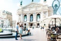 Boy and girl dancing in the city on the square, spinning in the dance, cheerful lovers dreaming, walk the city, selective focus. s