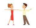 Boy and a girl are dancing on a white background. Kids ballroom dancing. Couple of small dancers. Vector illustration in