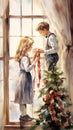 Boy and a girl decorate a Christmas tree near the window in the living room. Watercolor vintage illustration