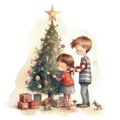 Boy and a girl decorate a Christmas tree near the window in the living room. Watercolor vintage illustration