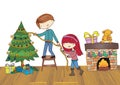 Boy and Girl Decorating Christmas Tree