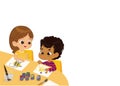 Boy and Girl Draw Pictures with paints. Isolated on a White Background Royalty Free Stock Photo