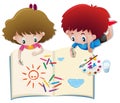 Boy and girl drawing in big book