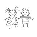 Boy and girl drawing Isolated on white background. Coloring book. Childhood doodle. Vector line illustration. Children`s design.